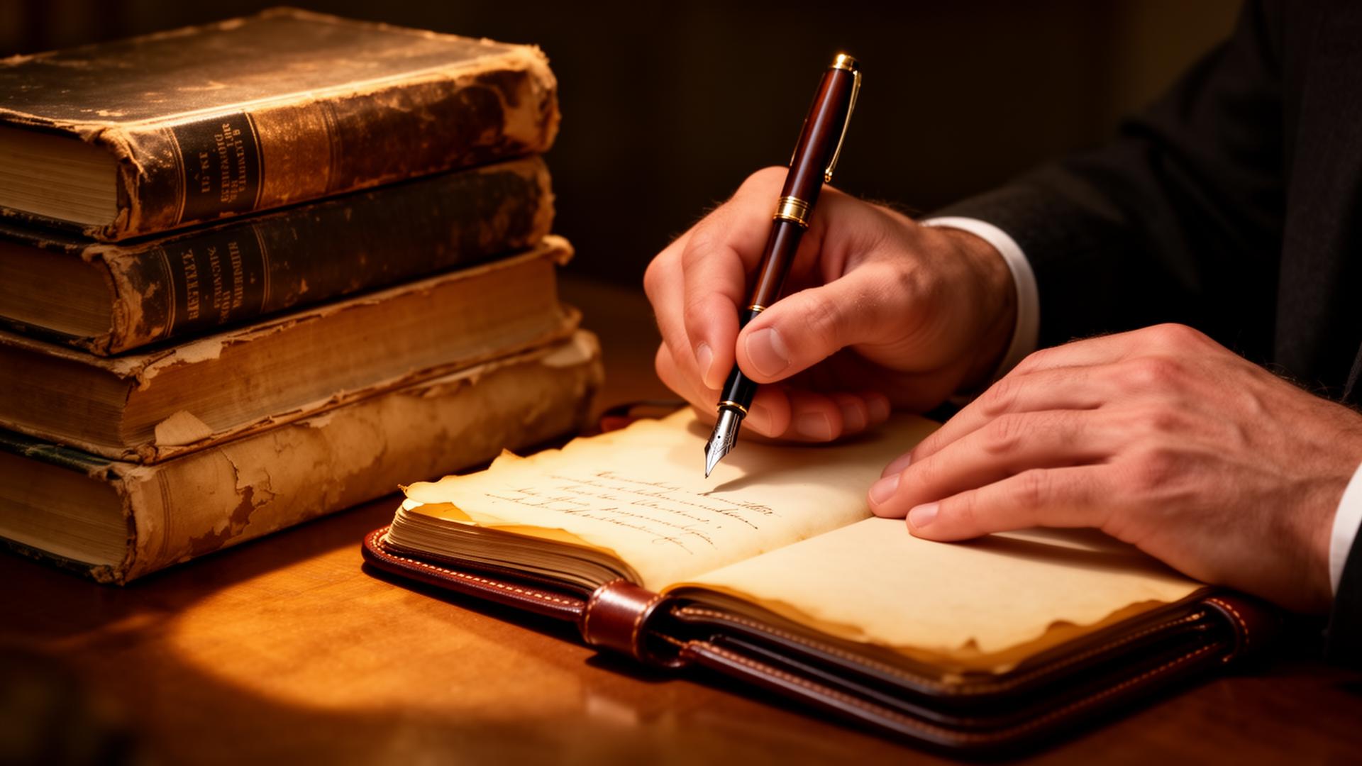 Hands writing in a leather-bound journal with a fountain pen beside a stack of antique books
