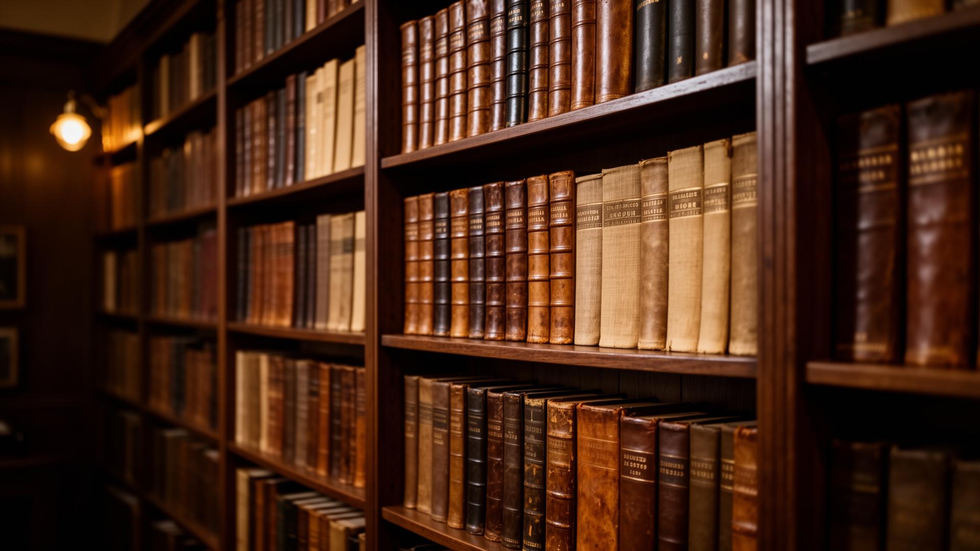 A wall of leather-bound and clothbound antique books in a warmly lit private library
